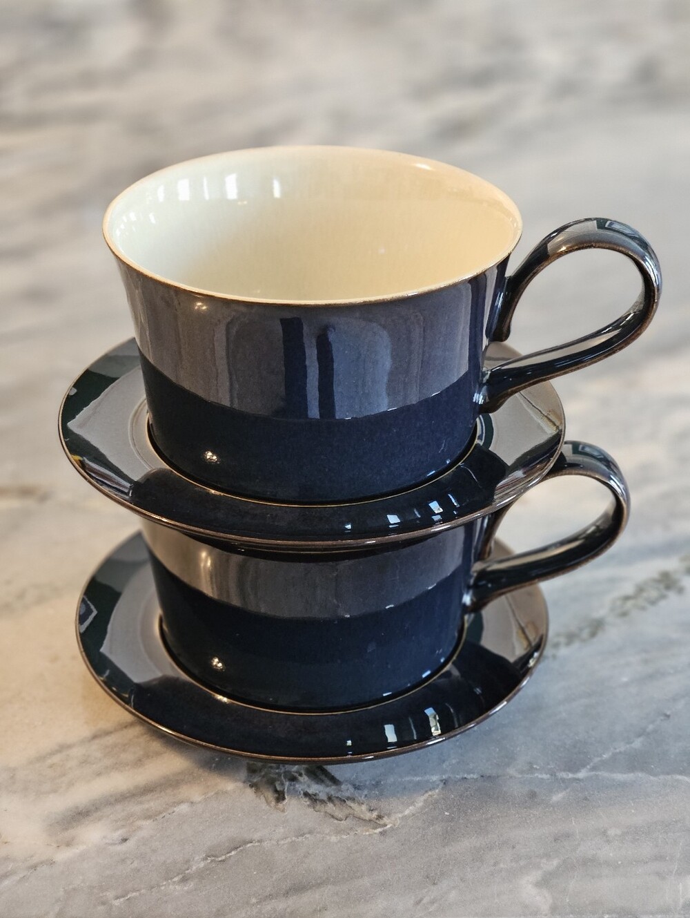 Denby Set Of 2 Cups & Saucers Drama Midnight Blue & Cream 250mL Made In England